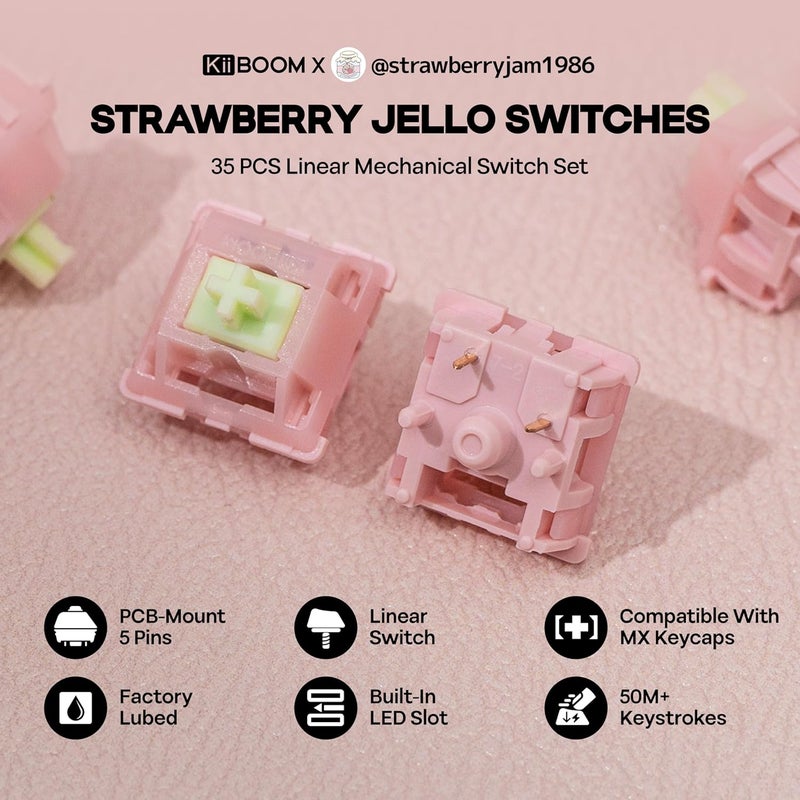 KiiBoom x Strawberryjam1986 Linear Mechanical Switch Set, 5-Pin, 40gf, 35 Pieces Strawberry Jello Switches for Mechanical Gaming Keyboard, Compatible with MX Keycaps - Image 2
